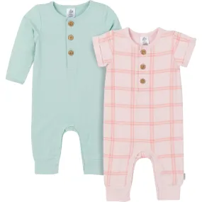 2-Pack Baby Girls Pink Plaid & Green Rompers