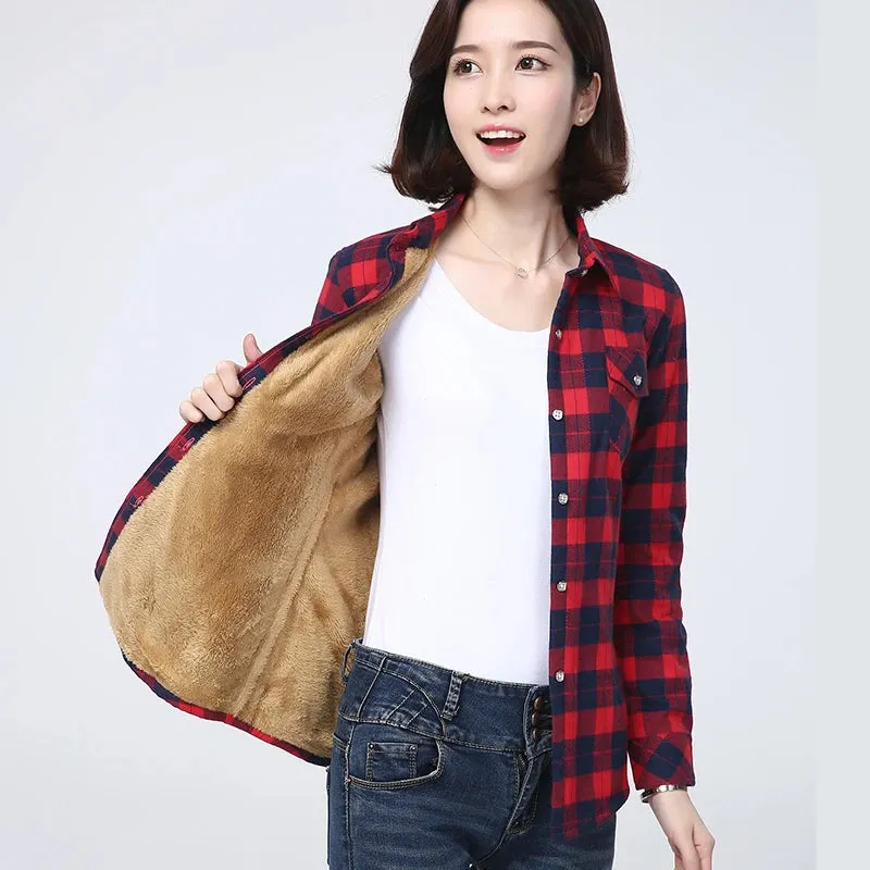 2023 Winter New Women's Warm Plaid Shirt Coat Casual Fleece Velvet Plus Thicke Tops Brand College Style Woman Clothes Outerwear