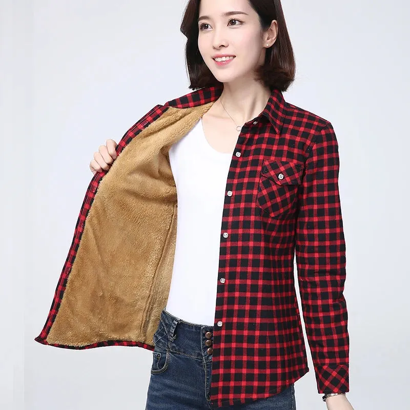 2023 Winter New Women's Warm Plaid Shirt Coat Casual Fleece Velvet Plus Thicke Tops Brand College Style Woman Clothes Outerwear