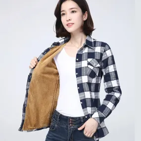 2023 Winter New Women's Warm Plaid Shirt Coat Casual Fleece Velvet Plus Thicke Tops Brand College Style Woman Clothes Outerwear