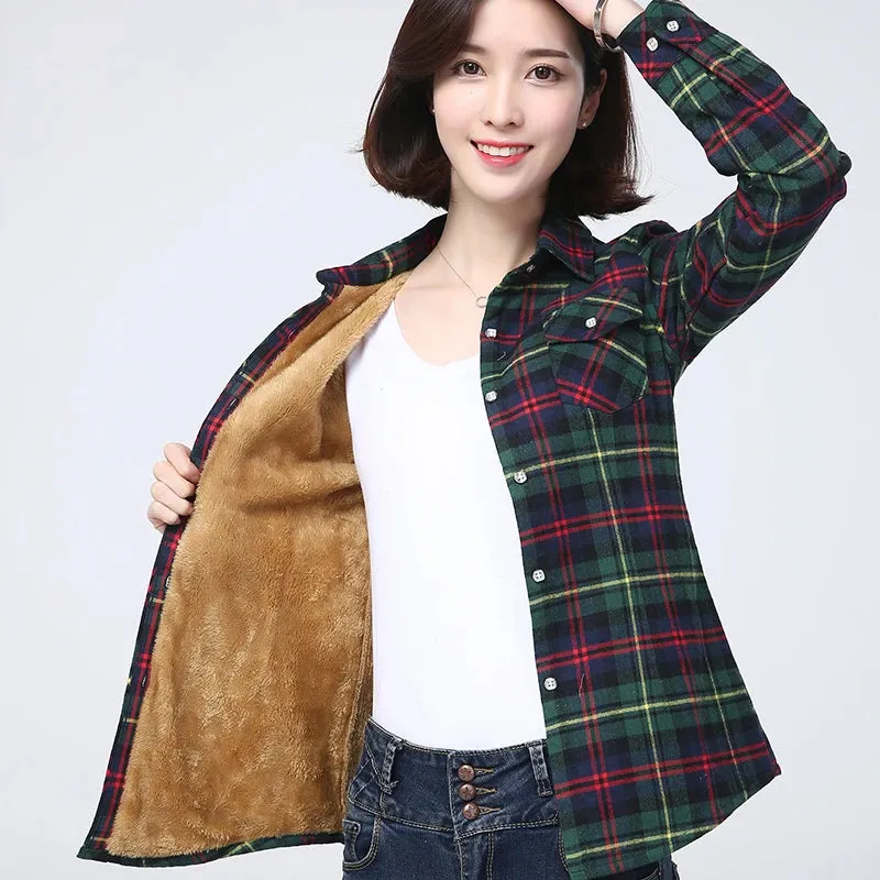 2023 Winter New Women's Warm Plaid Shirt Coat Casual Fleece Velvet Plus Thicke Tops Brand College Style Woman Clothes Outerwear