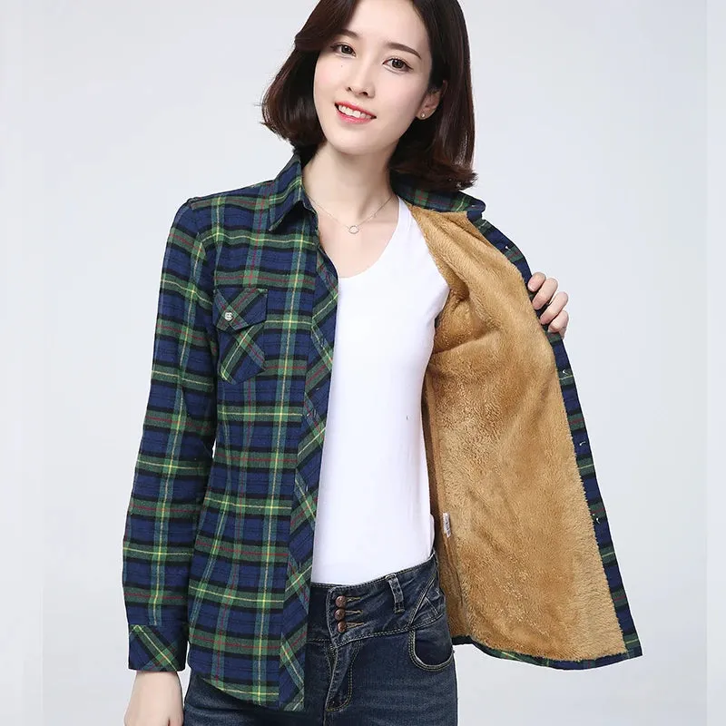 2023 Winter New Women's Warm Plaid Shirt Coat Casual Fleece Velvet Plus Thicke Tops Brand College Style Woman Clothes Outerwear