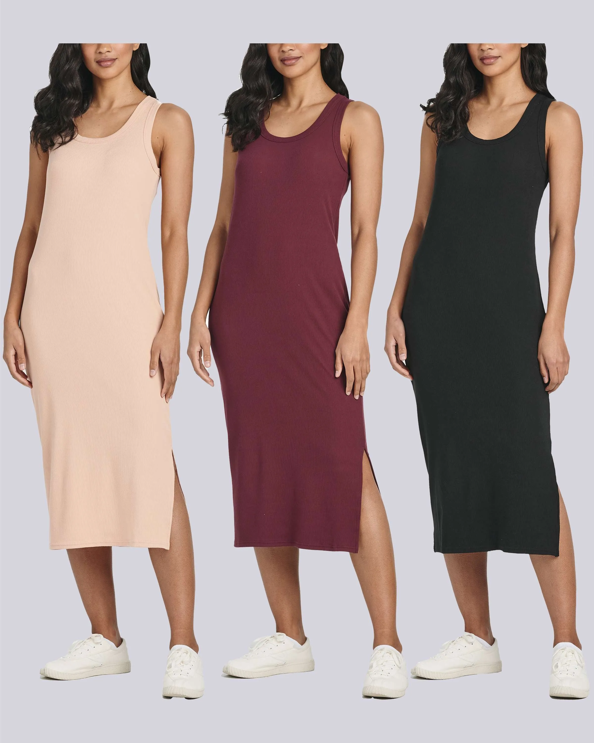 3 Pack: Women's Ribbed Knit Sleeveless Crew Neck Dress