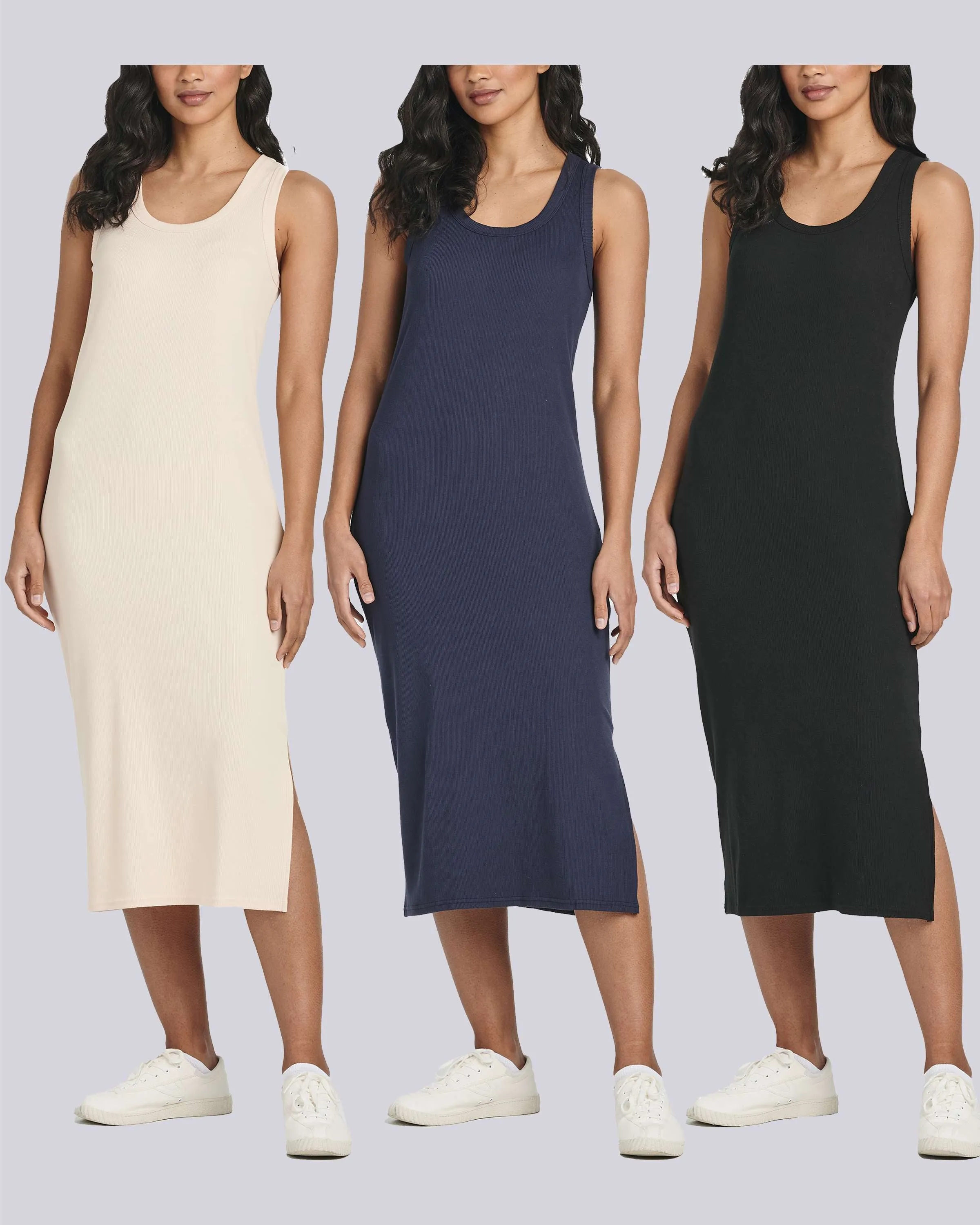 3 Pack: Women's Ribbed Knit Sleeveless Crew Neck Dress