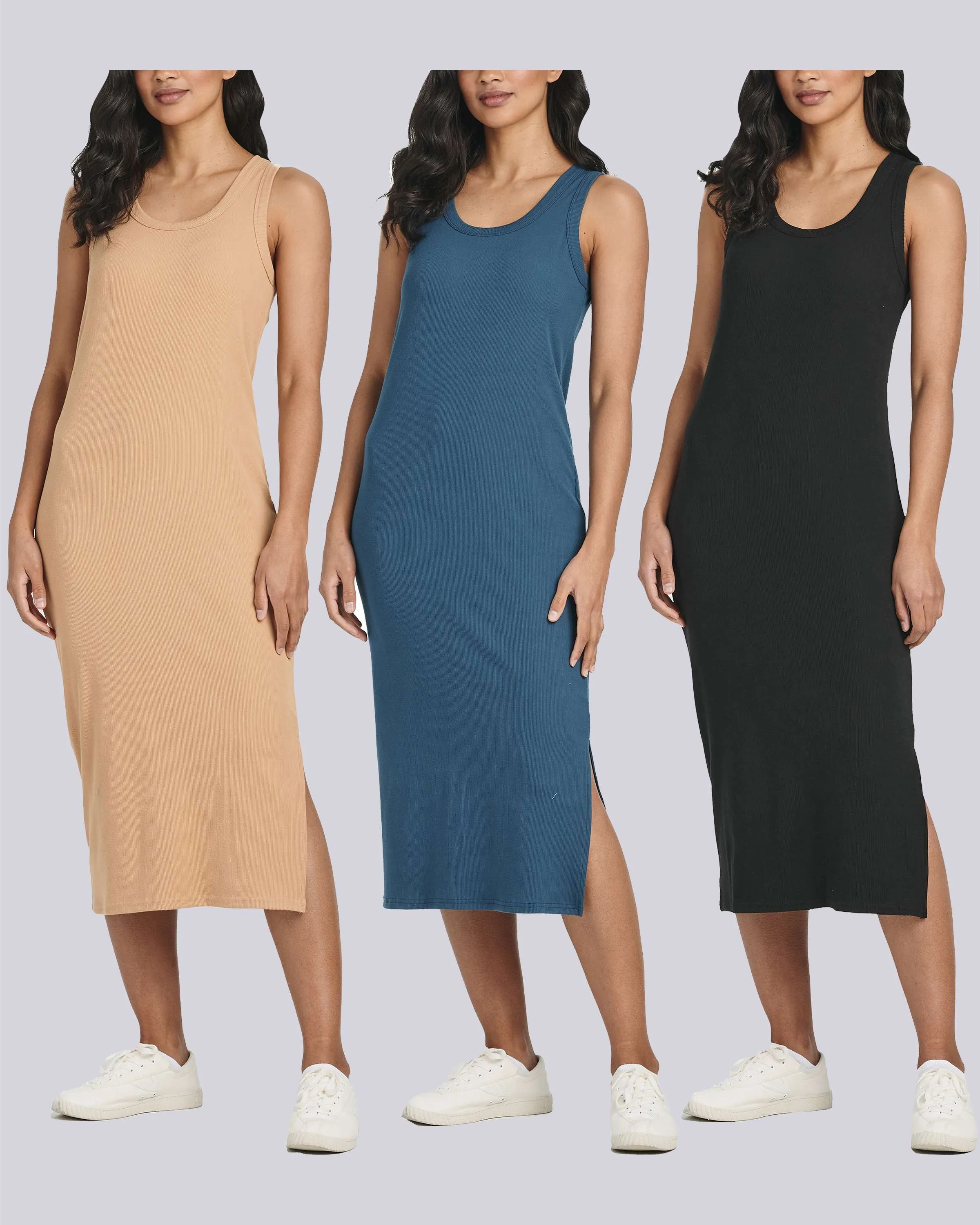 3 Pack: Women's Ribbed Knit Sleeveless Crew Neck Dress