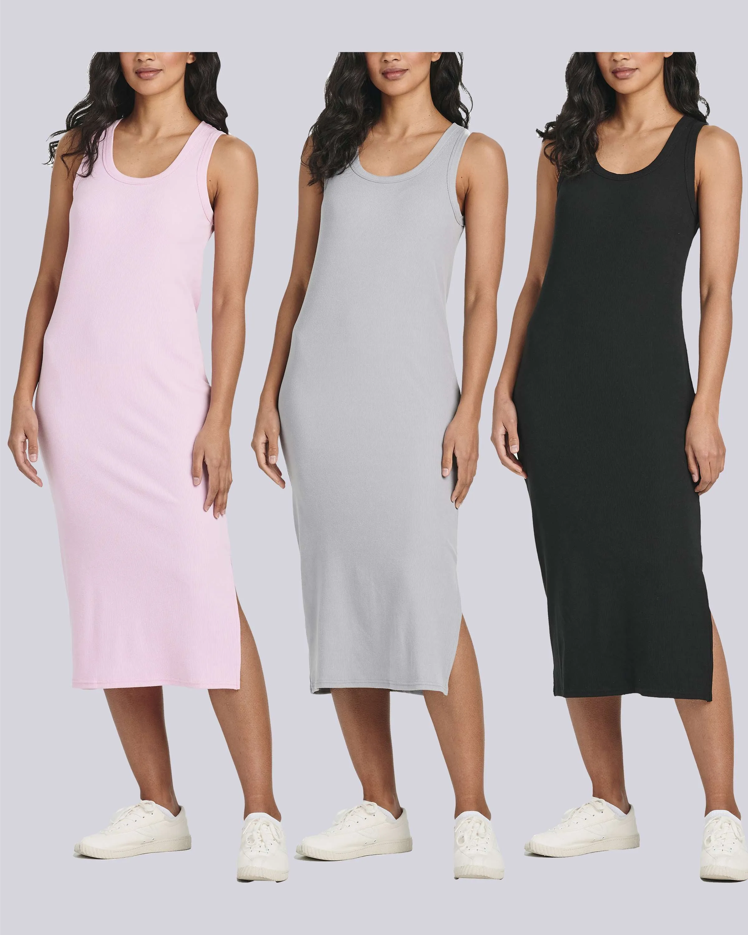 3 Pack: Women's Ribbed Knit Sleeveless Crew Neck Dress