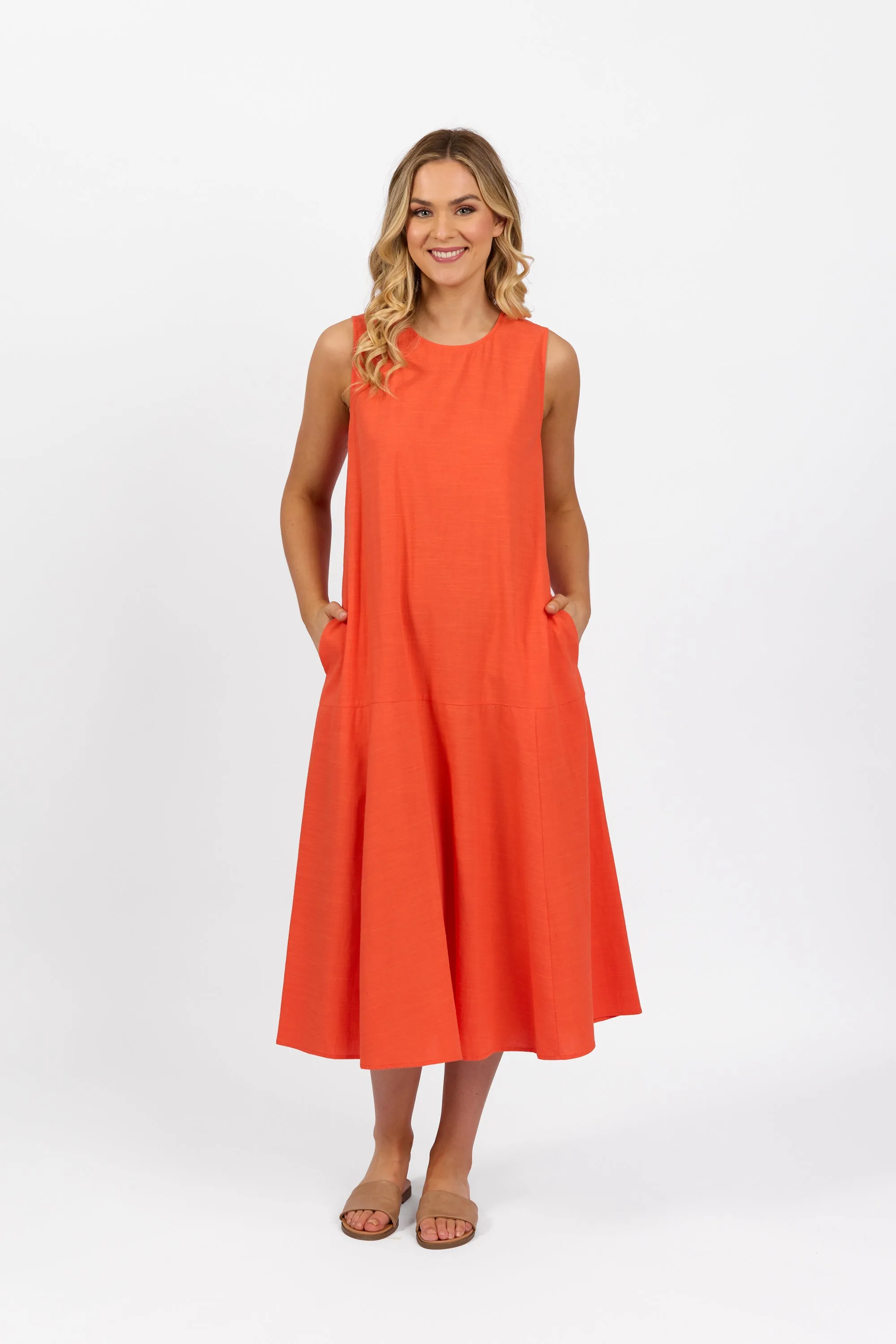 6102 Plain Long Sleeveless Dress with Round Neck :Punch