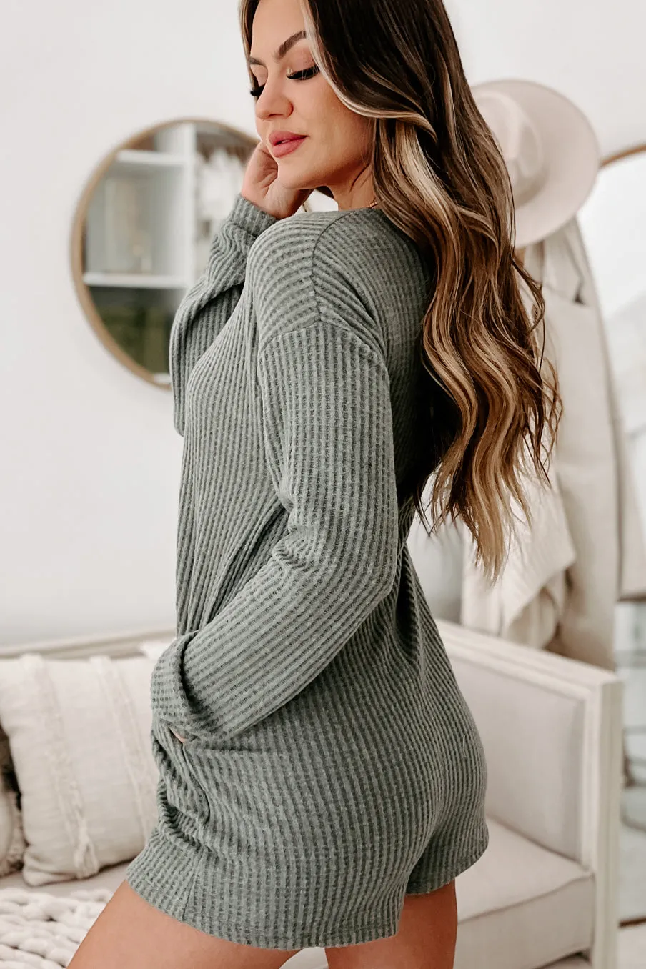 A Night At Home Long Sleeve Waffle Knit Romper (Grey Olive)