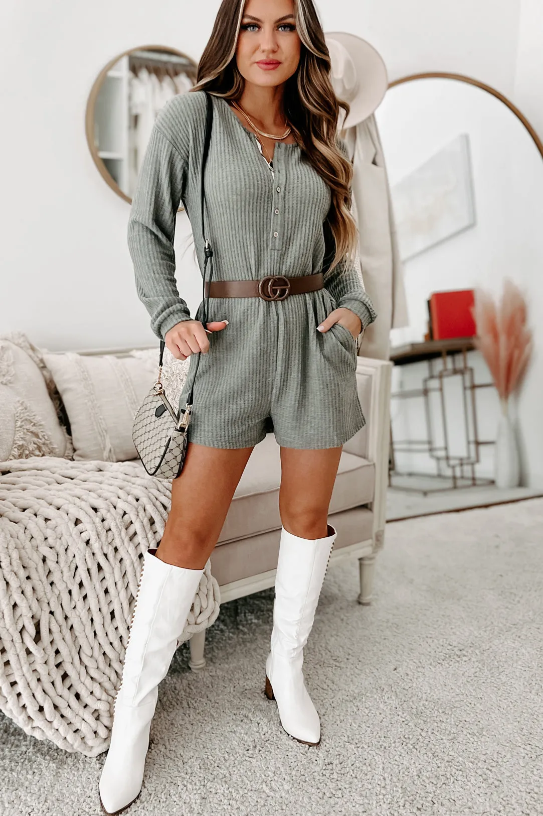 A Night At Home Long Sleeve Waffle Knit Romper (Grey Olive)