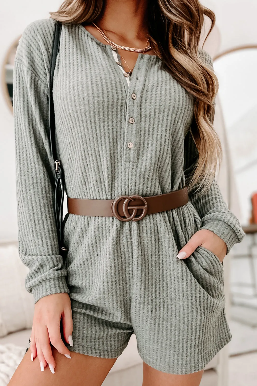 A Night At Home Long Sleeve Waffle Knit Romper (Grey Olive)