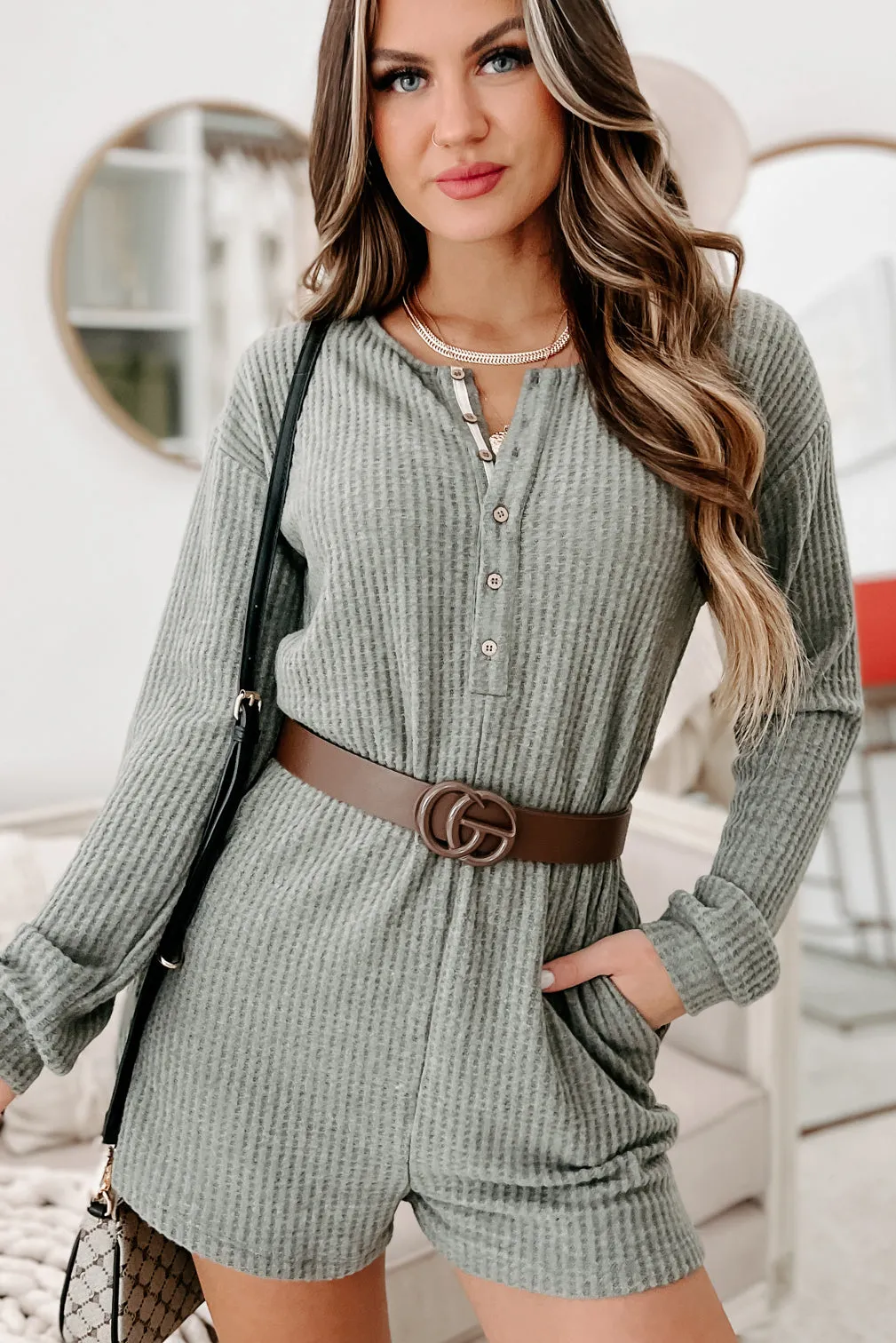 A Night At Home Long Sleeve Waffle Knit Romper (Grey Olive)