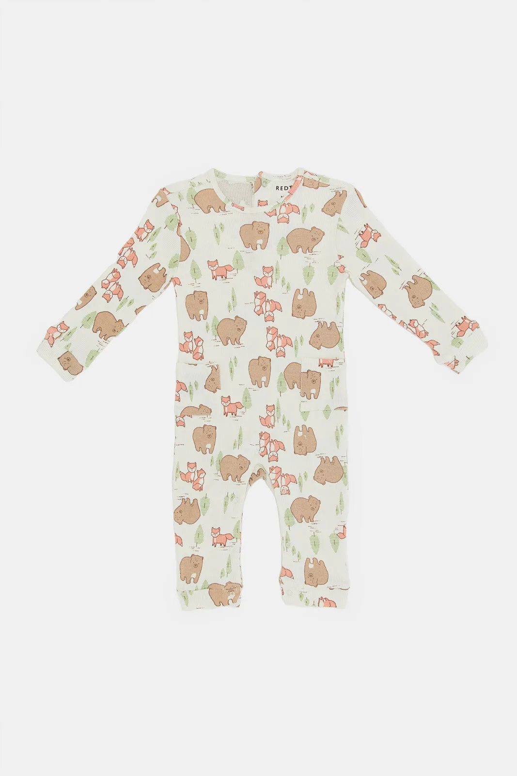 Babies Beige Print Rib Romper With Side Pockets (Single)