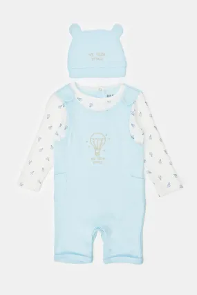 Baby Blue Mock Romper Sleepsuit And Hat Set (2 Piece)