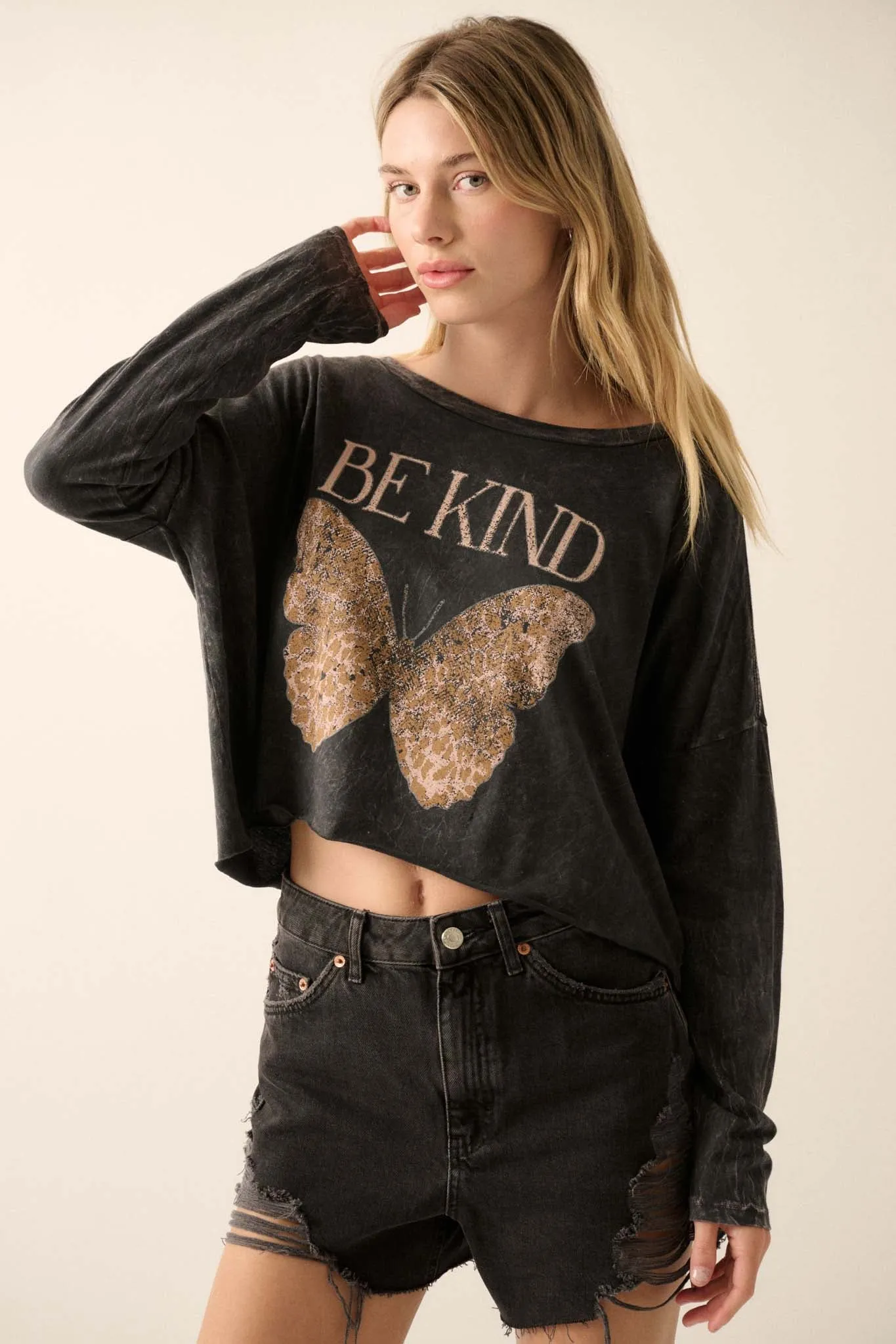 Be Kind Butterfly Cropped Long-Sleeve Graphic Tee