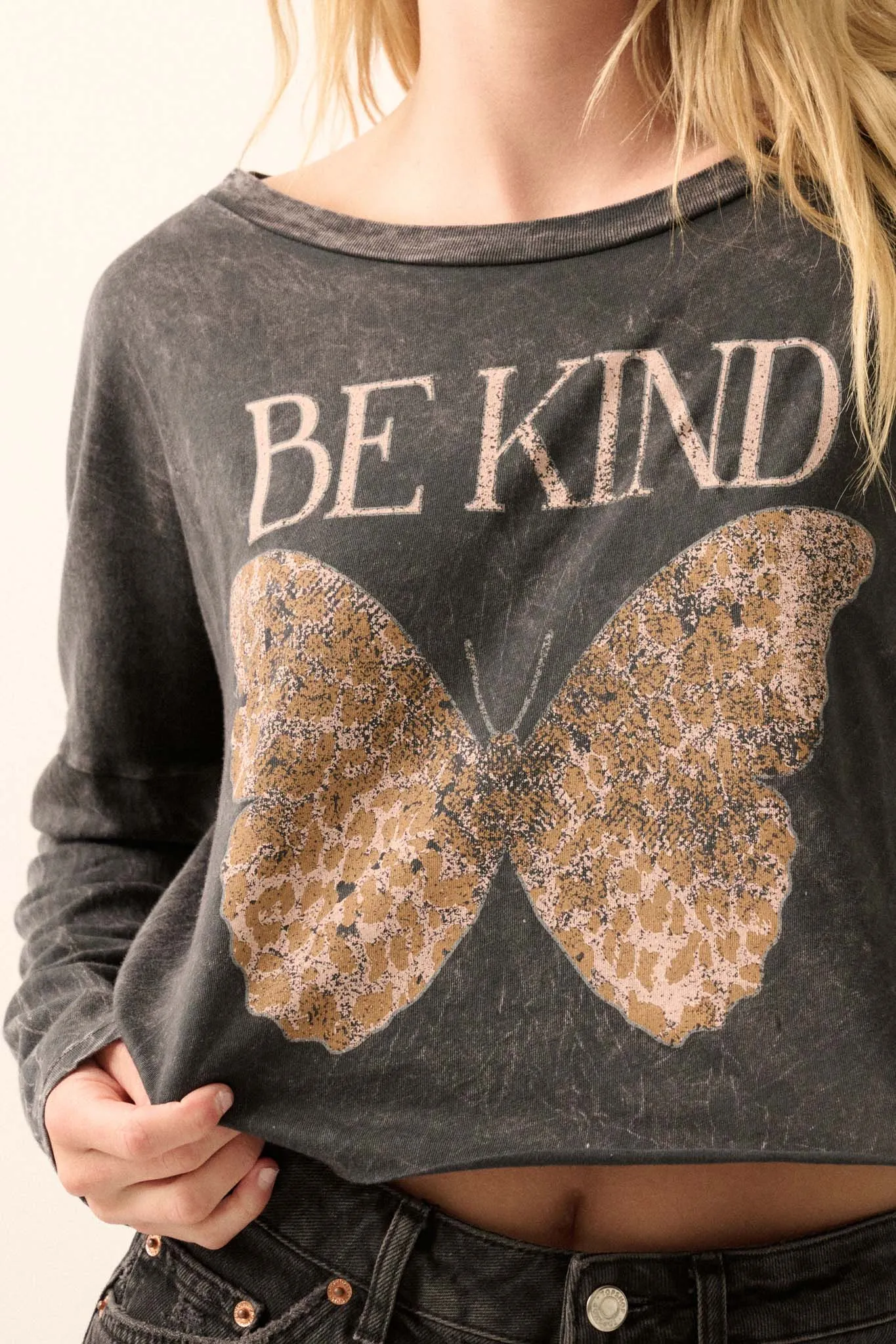 Be Kind Butterfly Cropped Long-Sleeve Graphic Tee