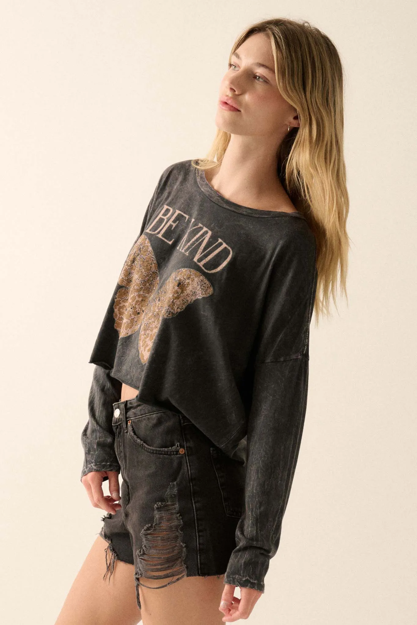 Be Kind Butterfly Cropped Long-Sleeve Graphic Tee