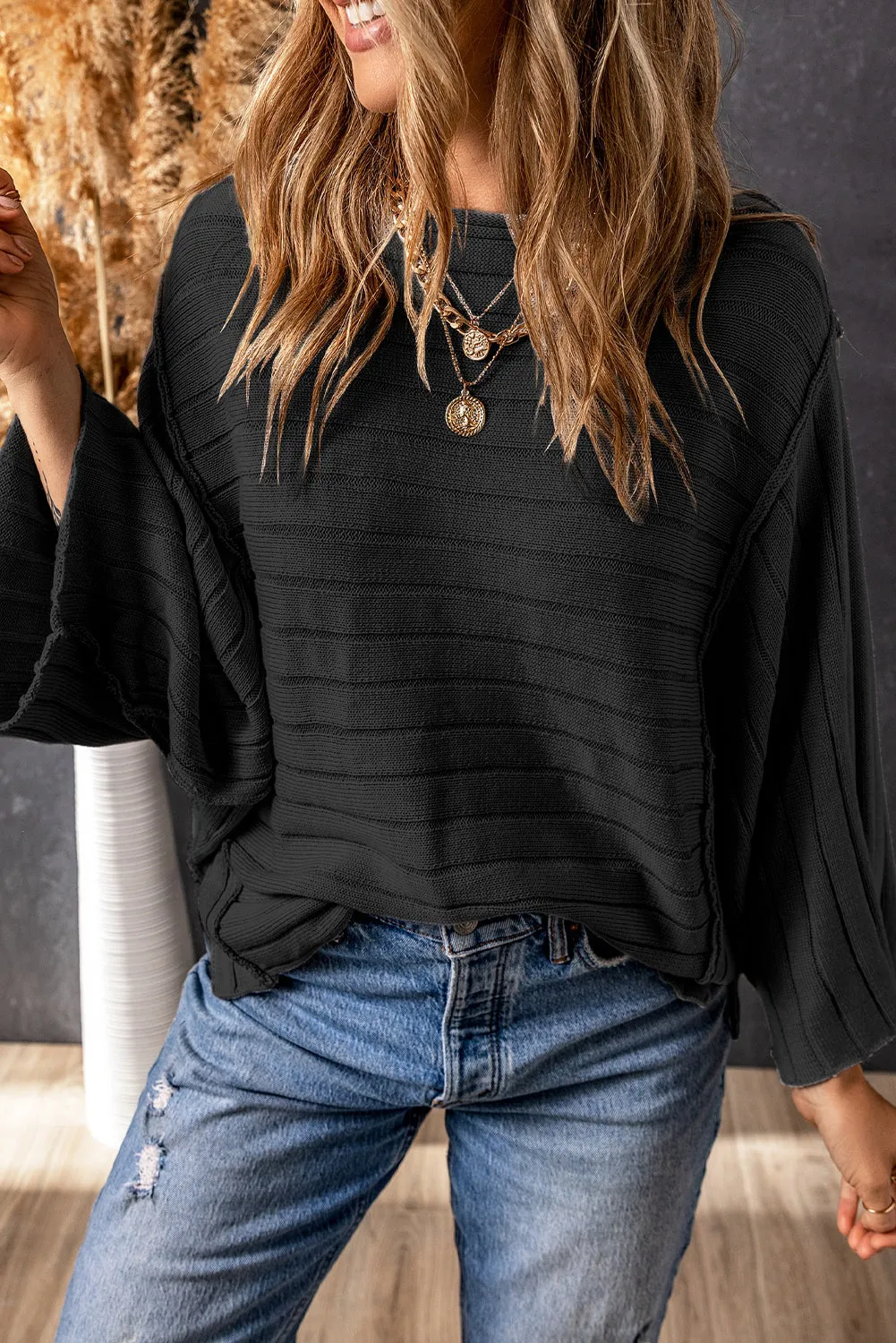 Black Exposed Seam Ribbed Knit Dolman Top