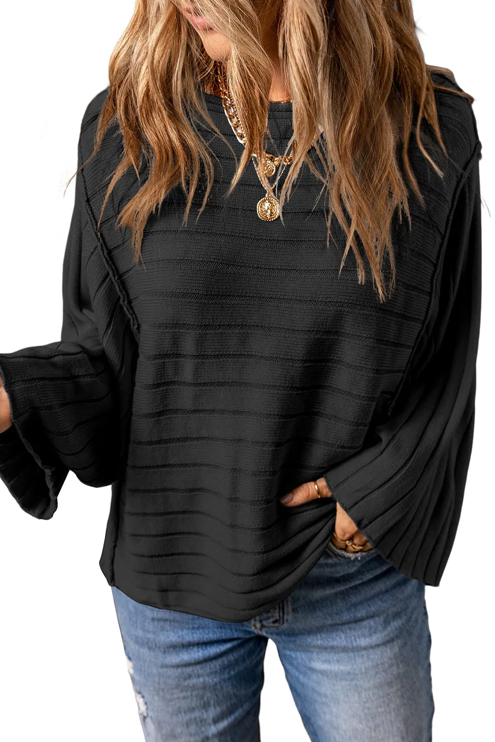 Black Exposed Seam Ribbed Knit Dolman Top