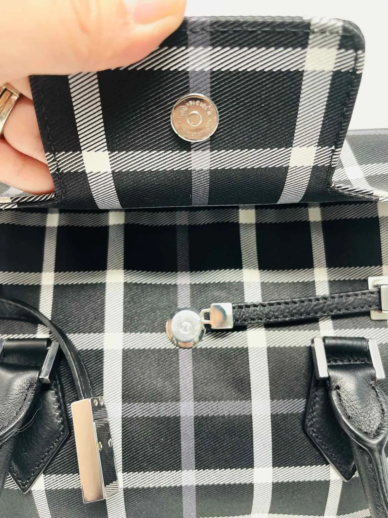 Brooks Brothers Bk/Wh/Bl Plaid Leather Trim AS IS Purses Purse