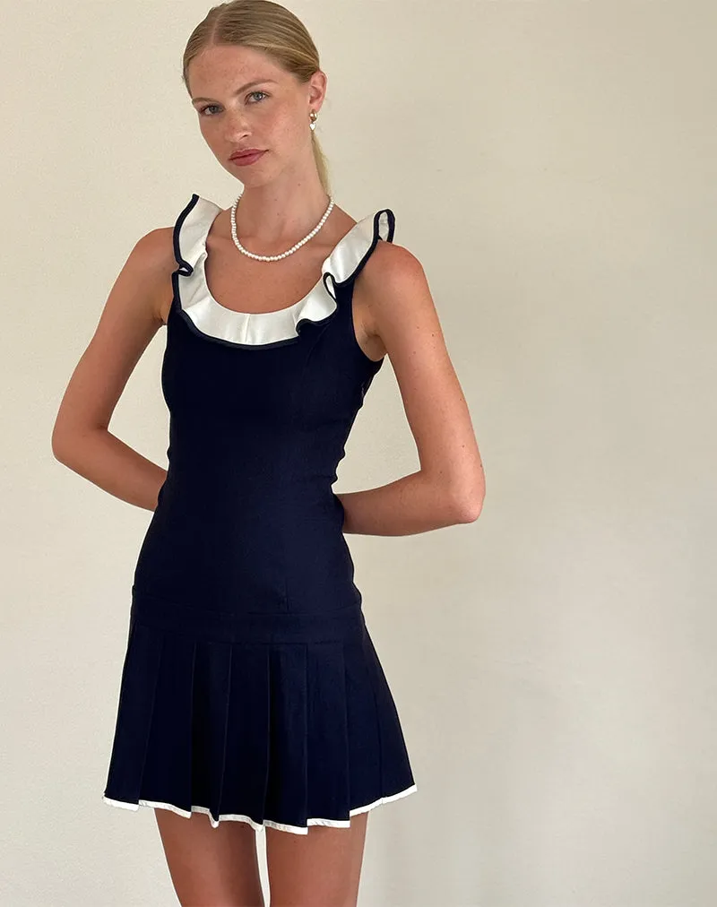 Busari Frill Neck Mini Dress in Navy