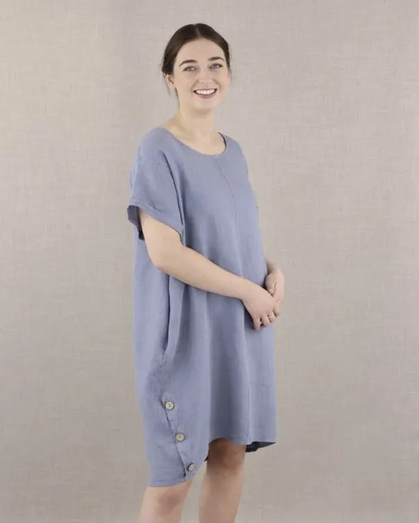 Cadenza Italian Linen Dress with Buttons in Sky Blue