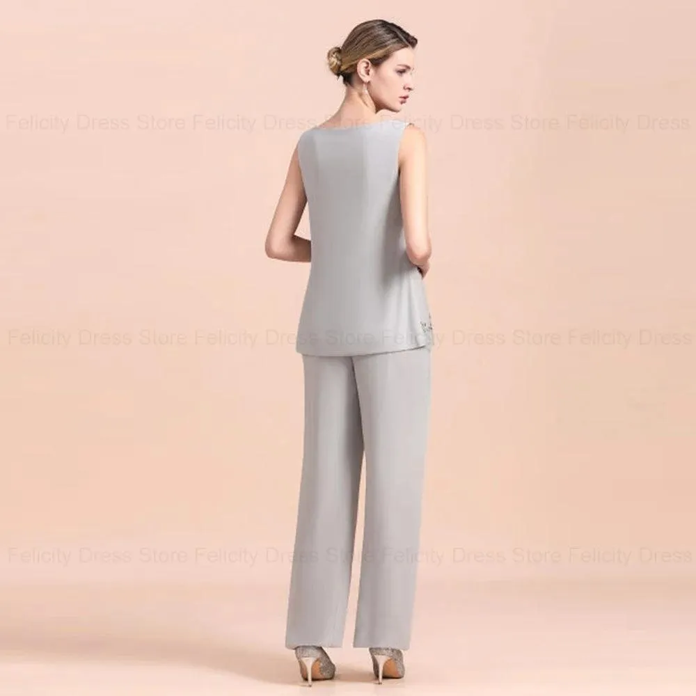 Chiffon Jumpsuit Mother of the Bride Dress - Elegant Wedding Guest Pantsuit with Applique, Long Party Evening Gown