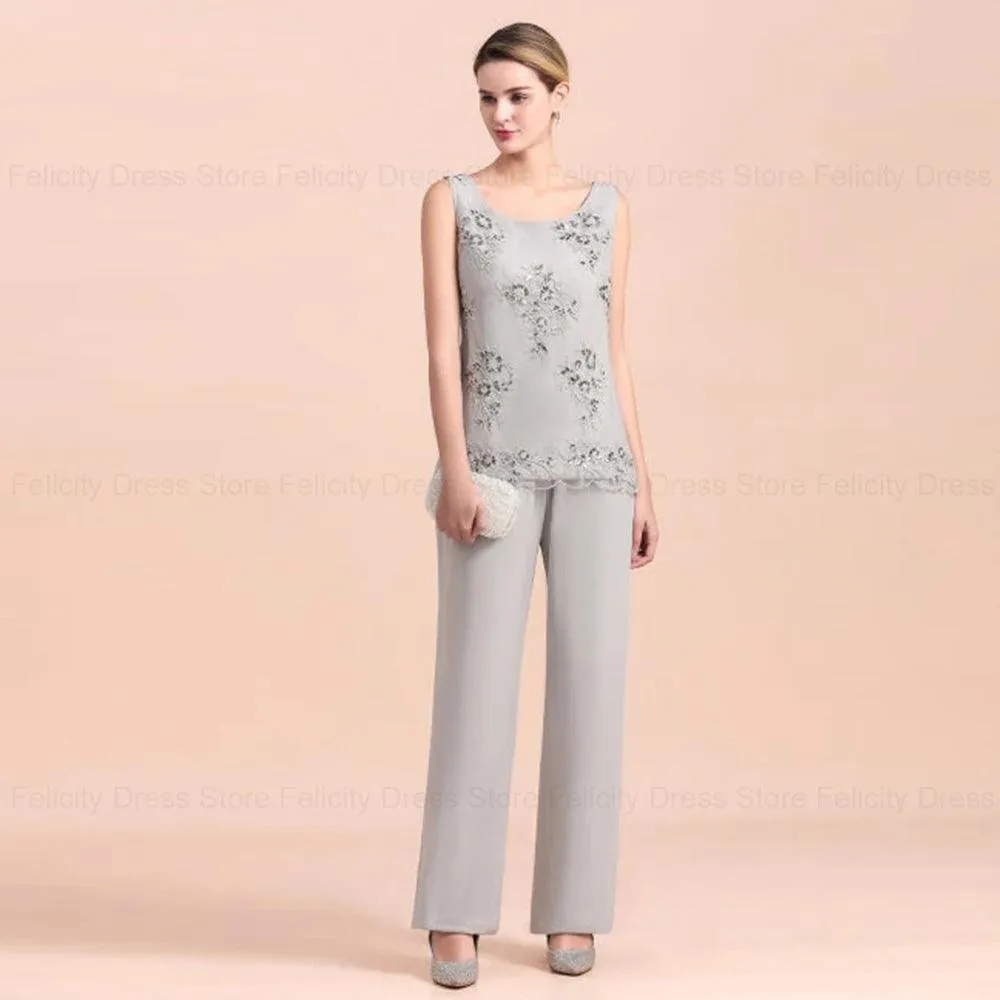 Chiffon Jumpsuit Mother of the Bride Dress - Elegant Wedding Guest Pantsuit with Applique, Long Party Evening Gown