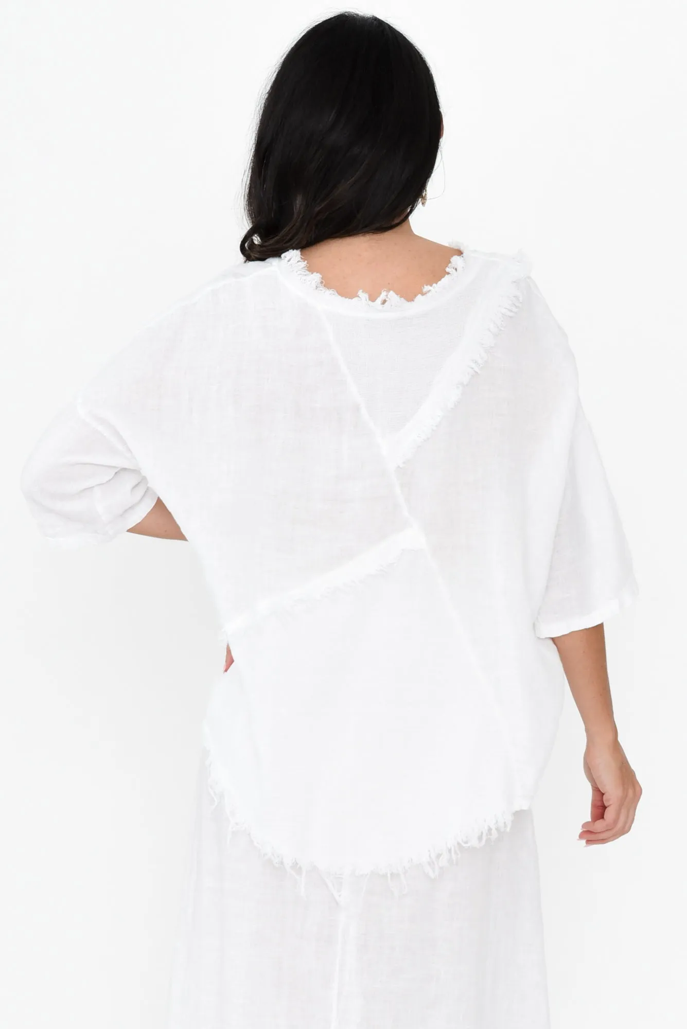 Denae White Linen Frayed Top