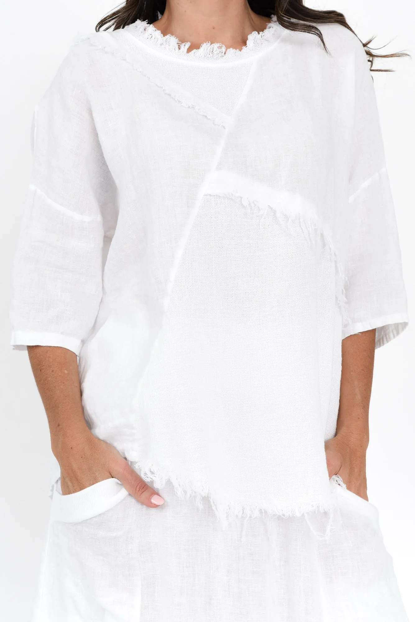 Denae White Linen Frayed Top