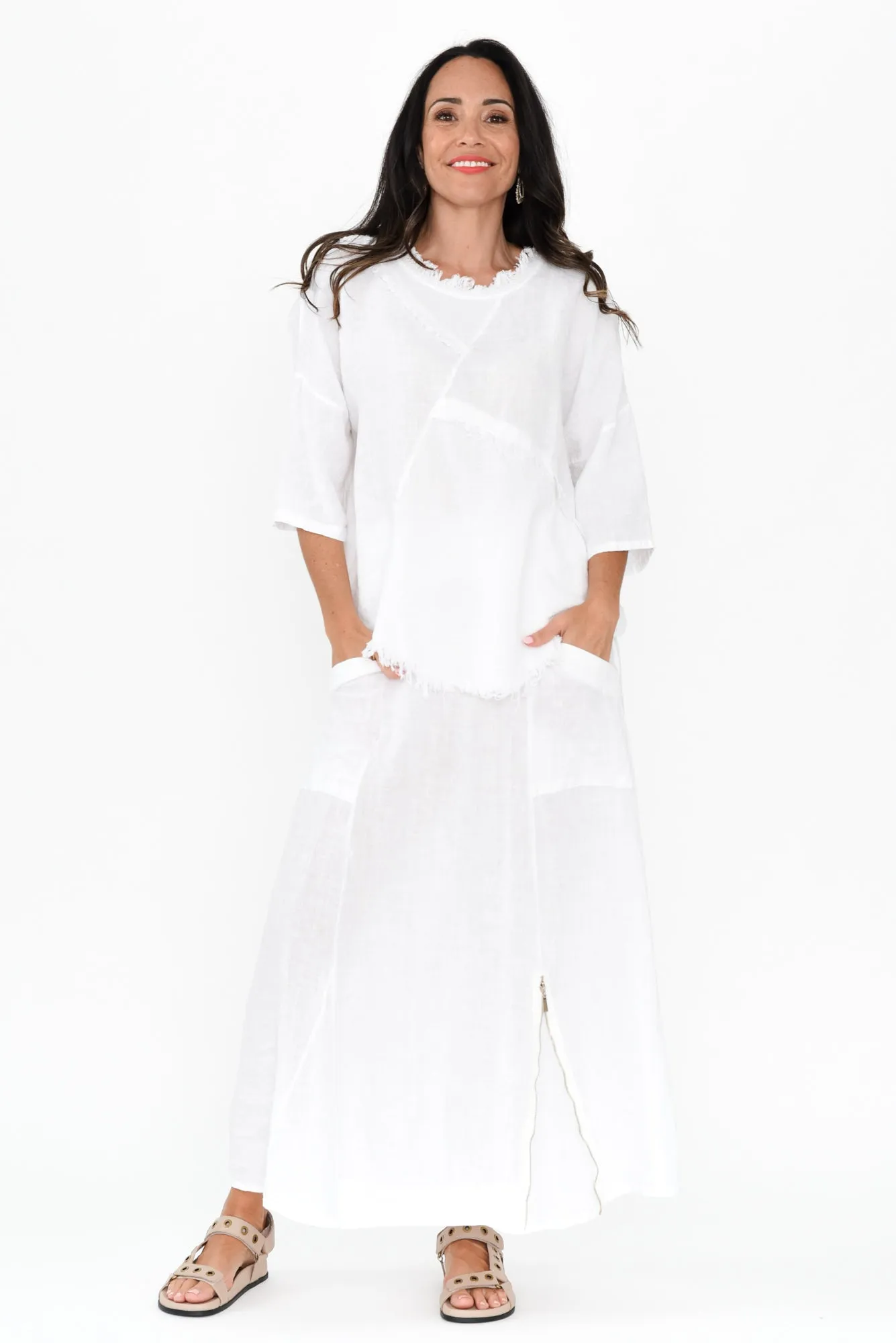 Denae White Linen Frayed Top