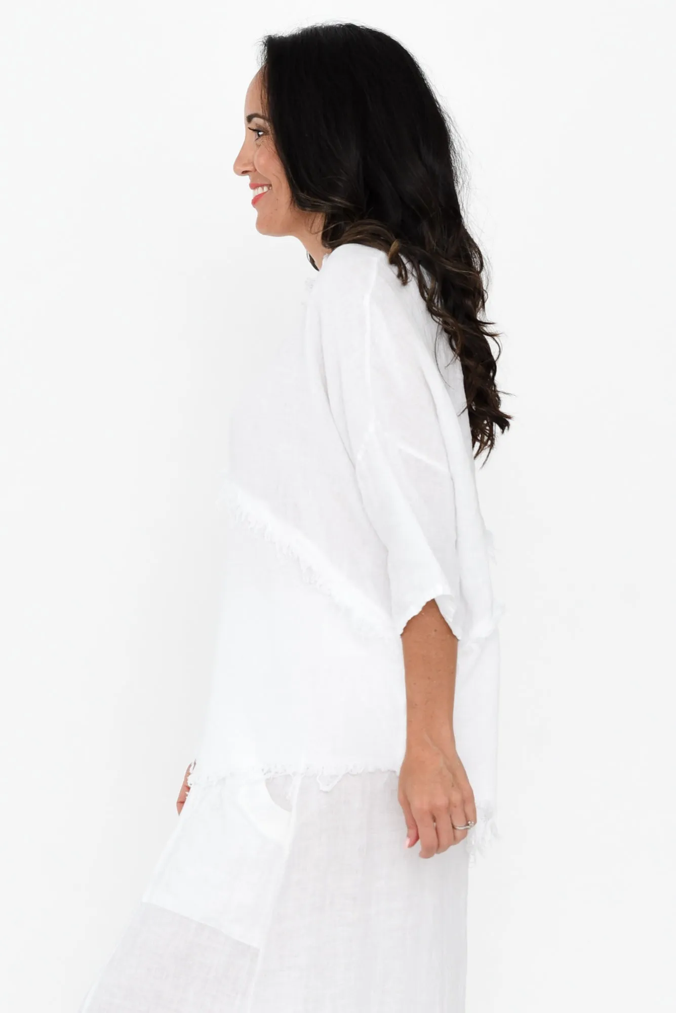 Denae White Linen Frayed Top