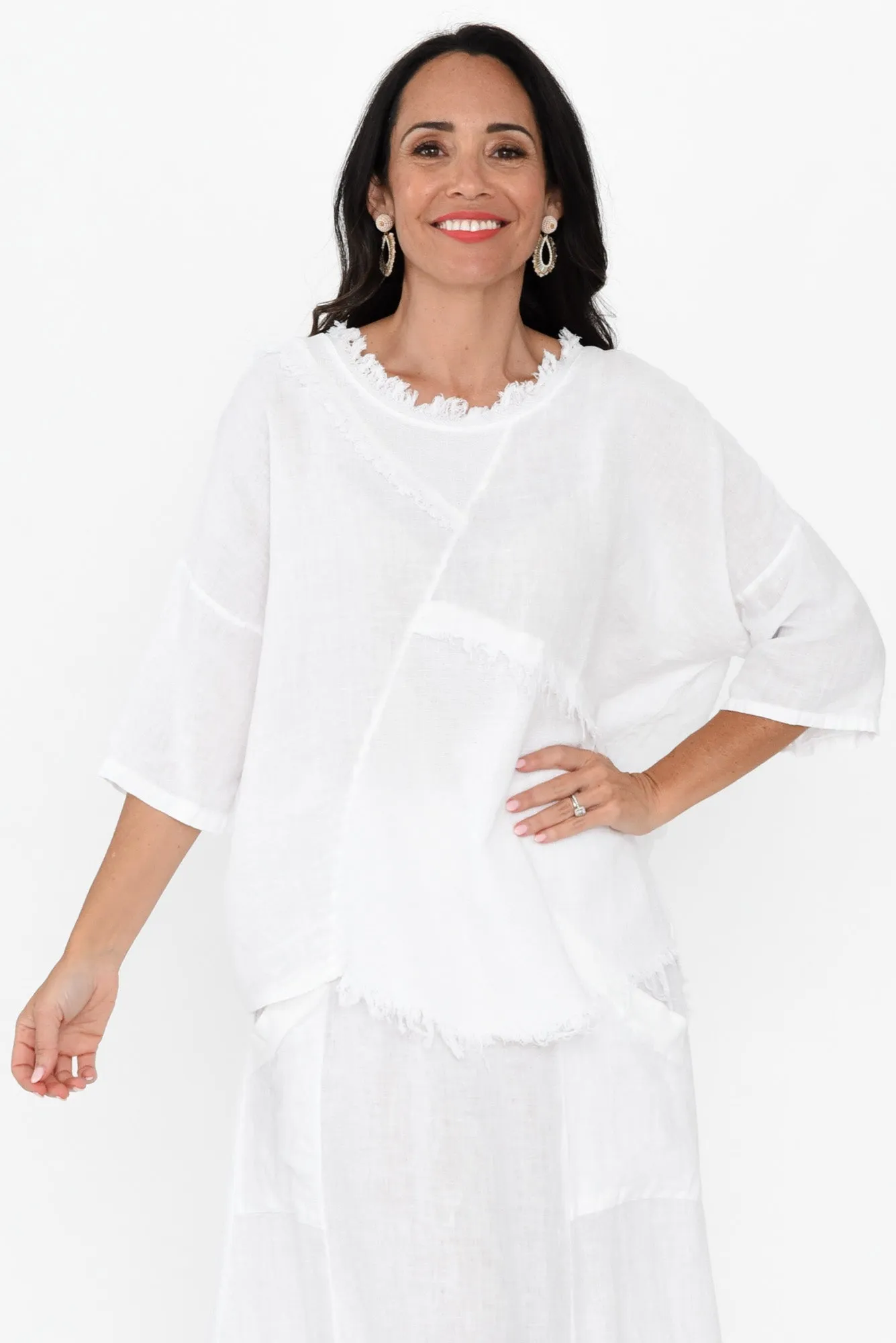 Denae White Linen Frayed Top