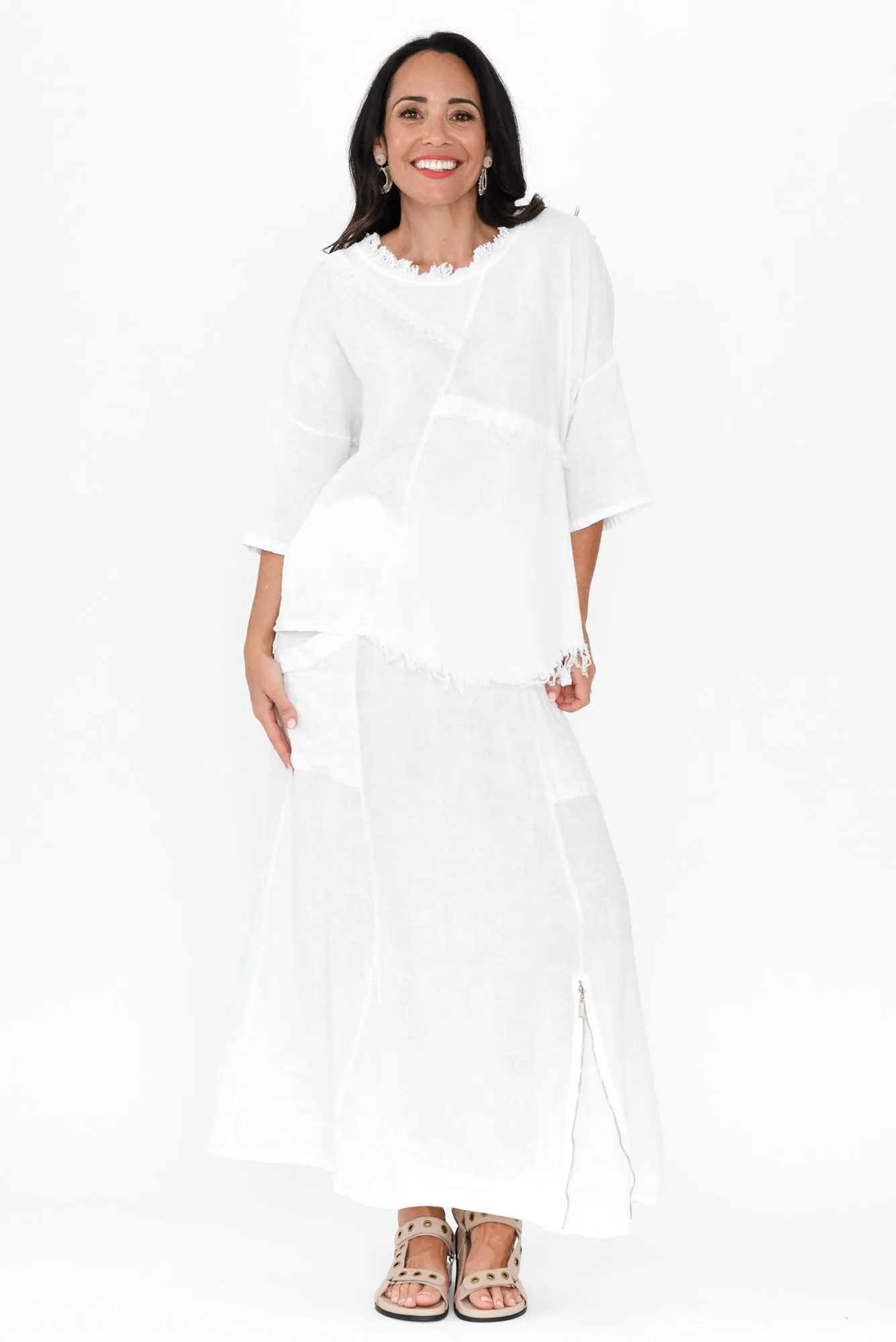 Denae White Linen Frayed Top