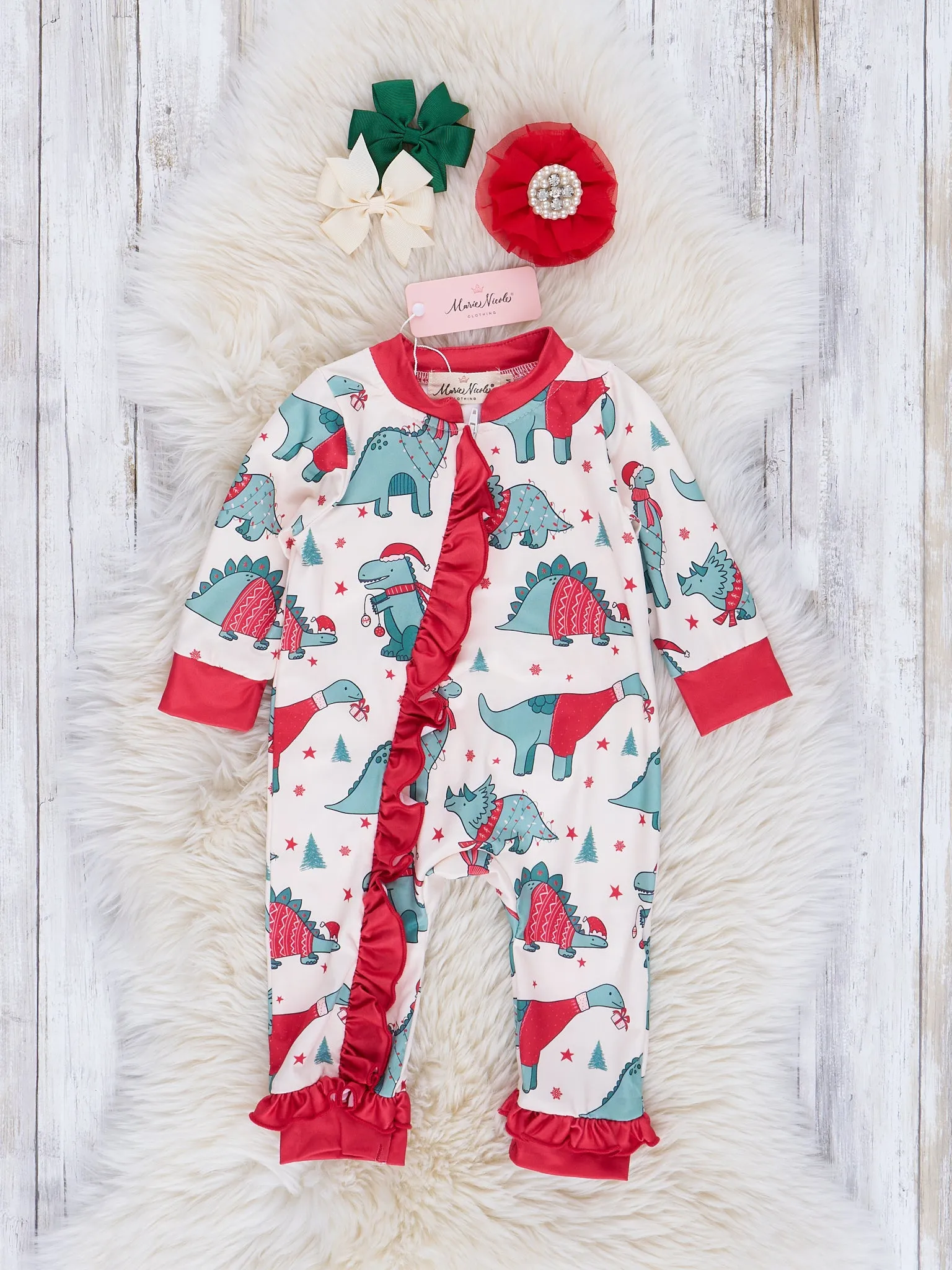 Dinosaur Dreams Christmas Ruffle Sleeper Pajamas