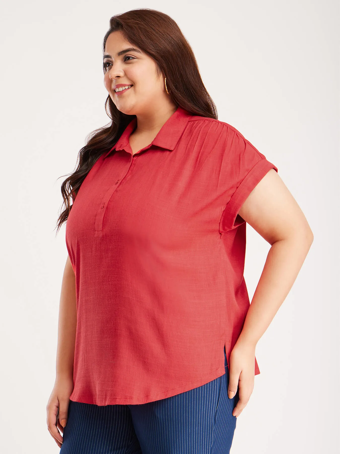 Drop Shoulder Gather Top - Red