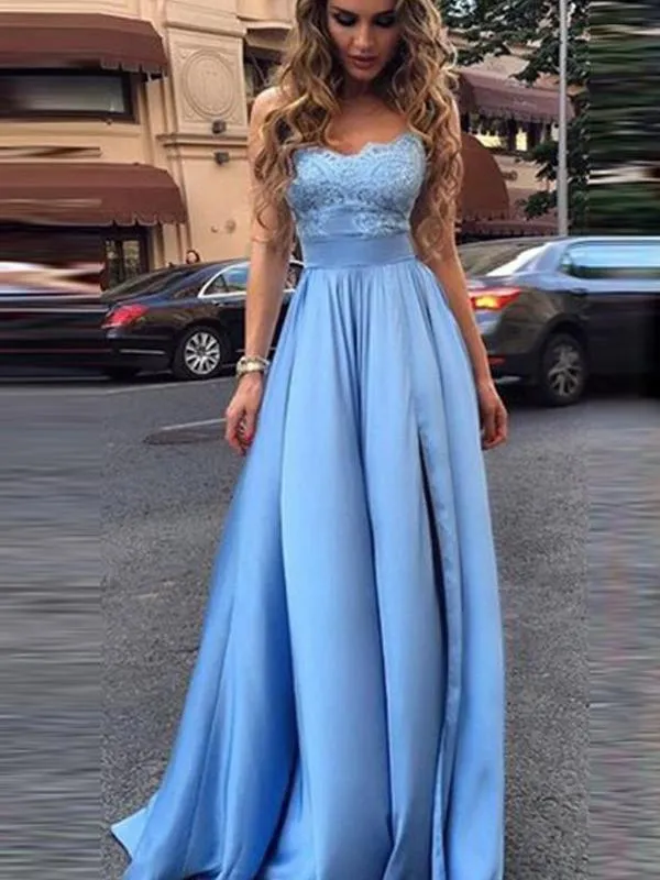 Elegant A-line Sleeveless Prom Dresses, Blue Lace Evening Dresses