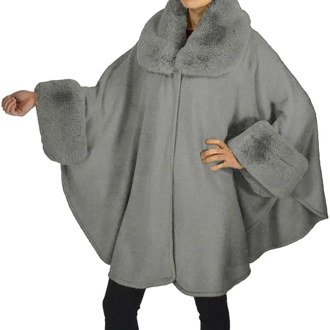 Elegant Faux Fur Trim Collar Cuffs Knit Poncho Ruana Cape