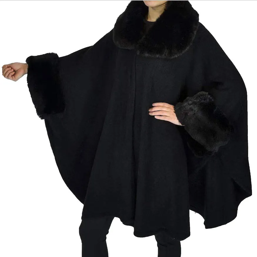 Elegant Faux Fur Trim Collar Cuffs Knit Poncho Ruana Cape