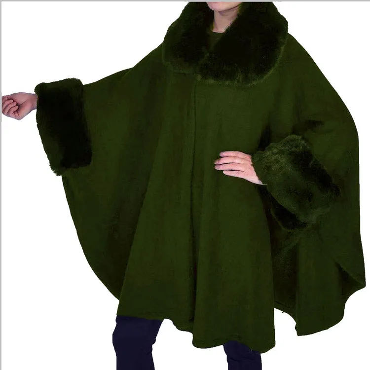 Elegant Faux Fur Trim Collar Cuffs Knit Poncho Ruana Cape