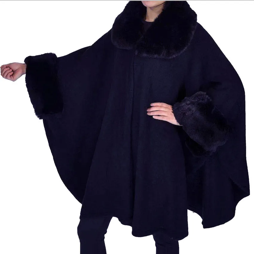 Elegant Faux Fur Trim Collar Cuffs Knit Poncho Ruana Cape