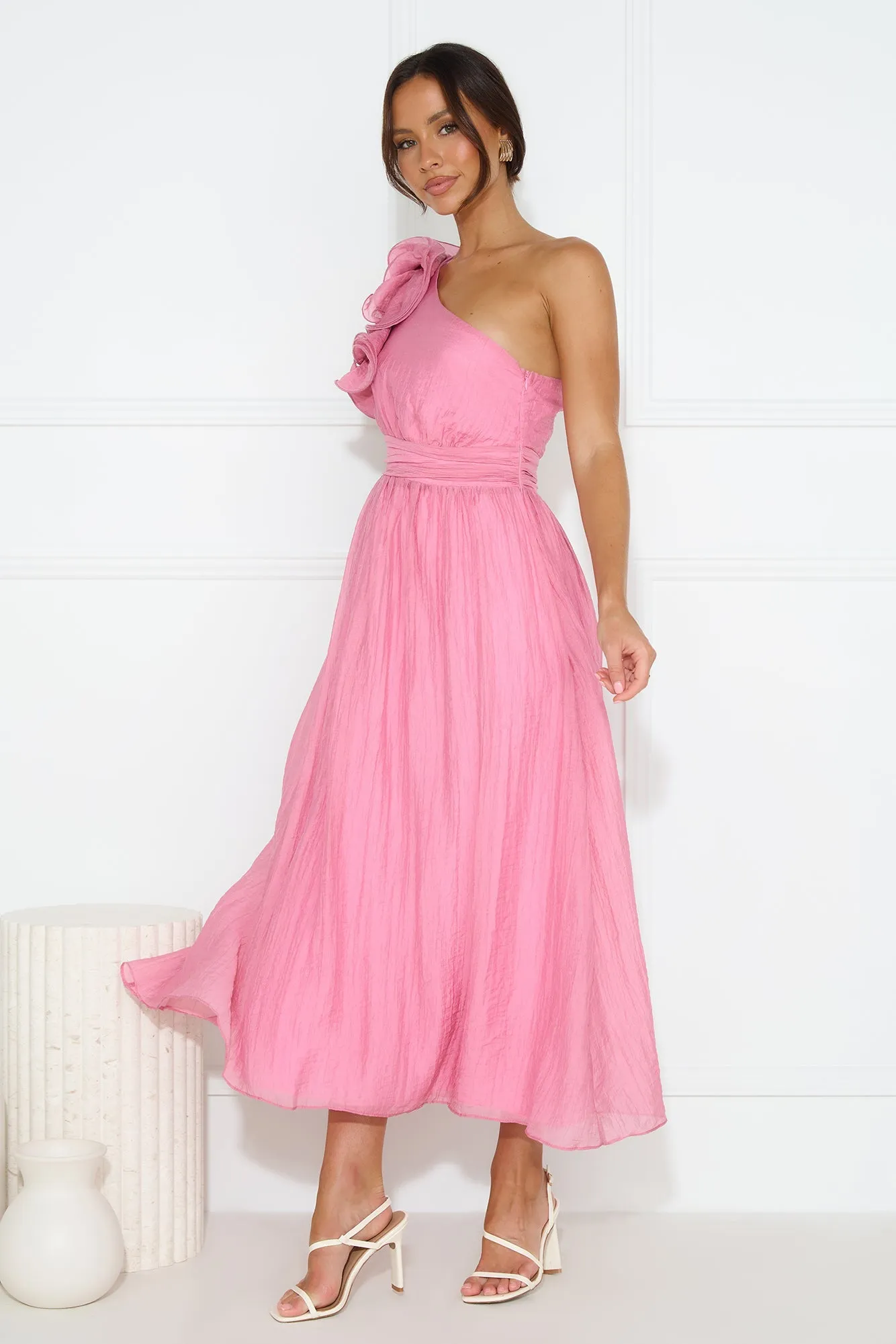 Find Out One Shoulder Midi Dress Pink