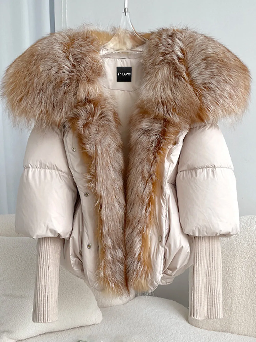 Fur Trim Puffer Jacket in Beige