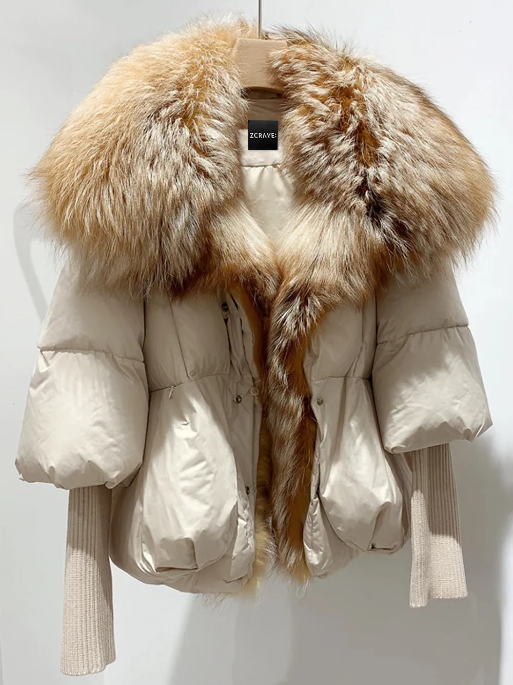 Fur Trim Puffer Jacket in Beige