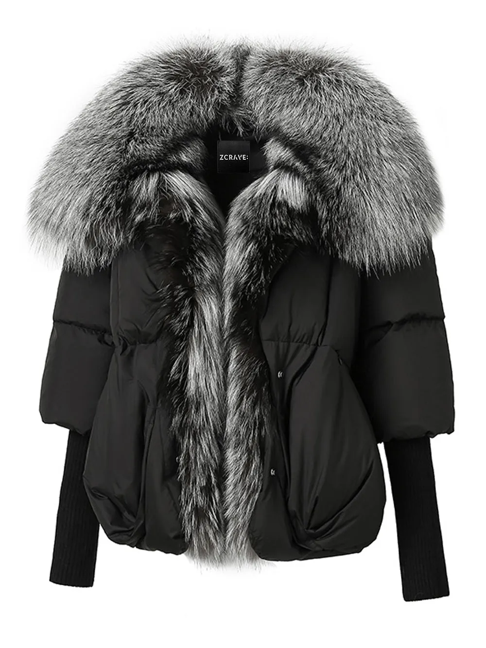 Fur Trim Puffer Jacket in Black & Gray