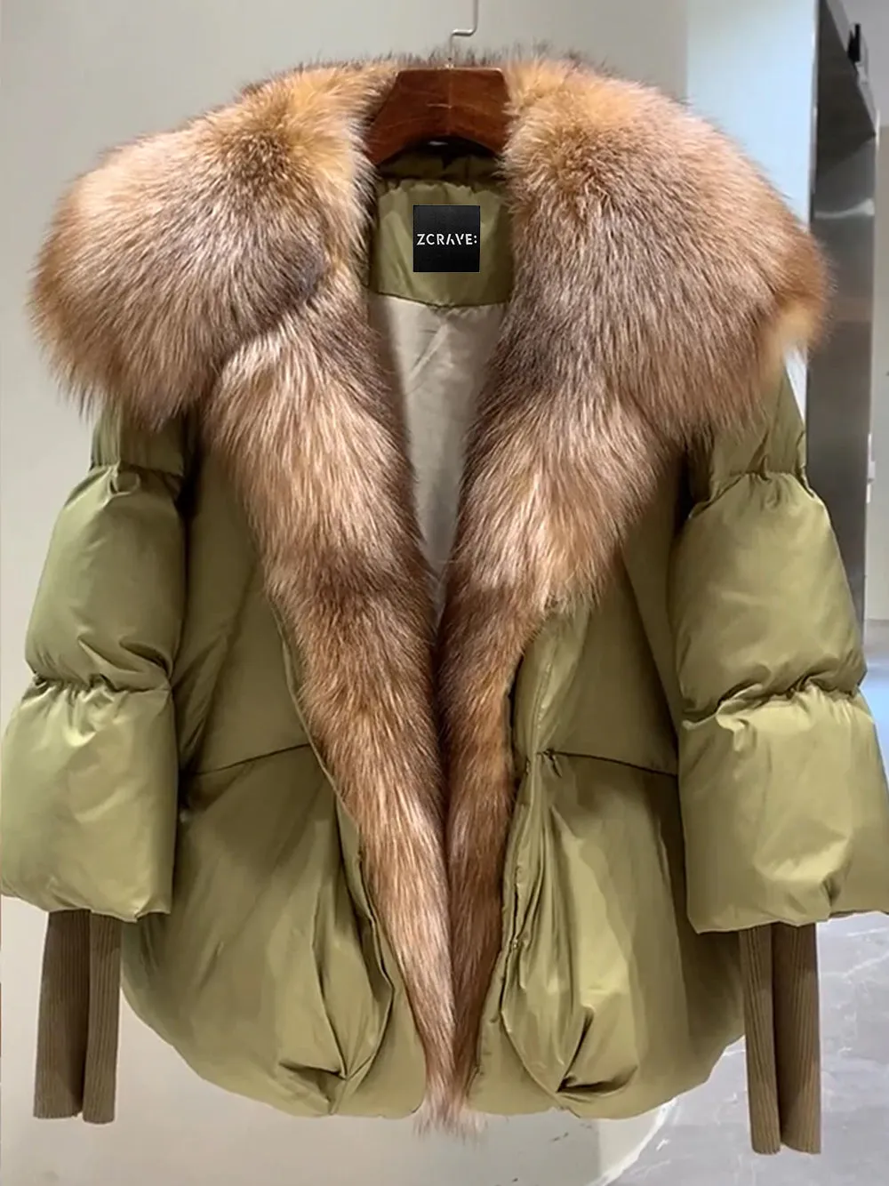 Fur Trim Puffer Jacket in Khaki & Brown