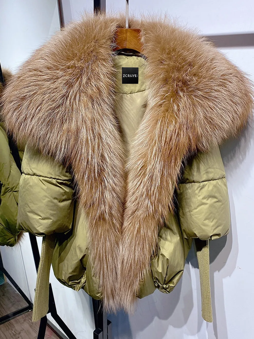 Fur Trim Puffer Jacket in Khaki & Brown