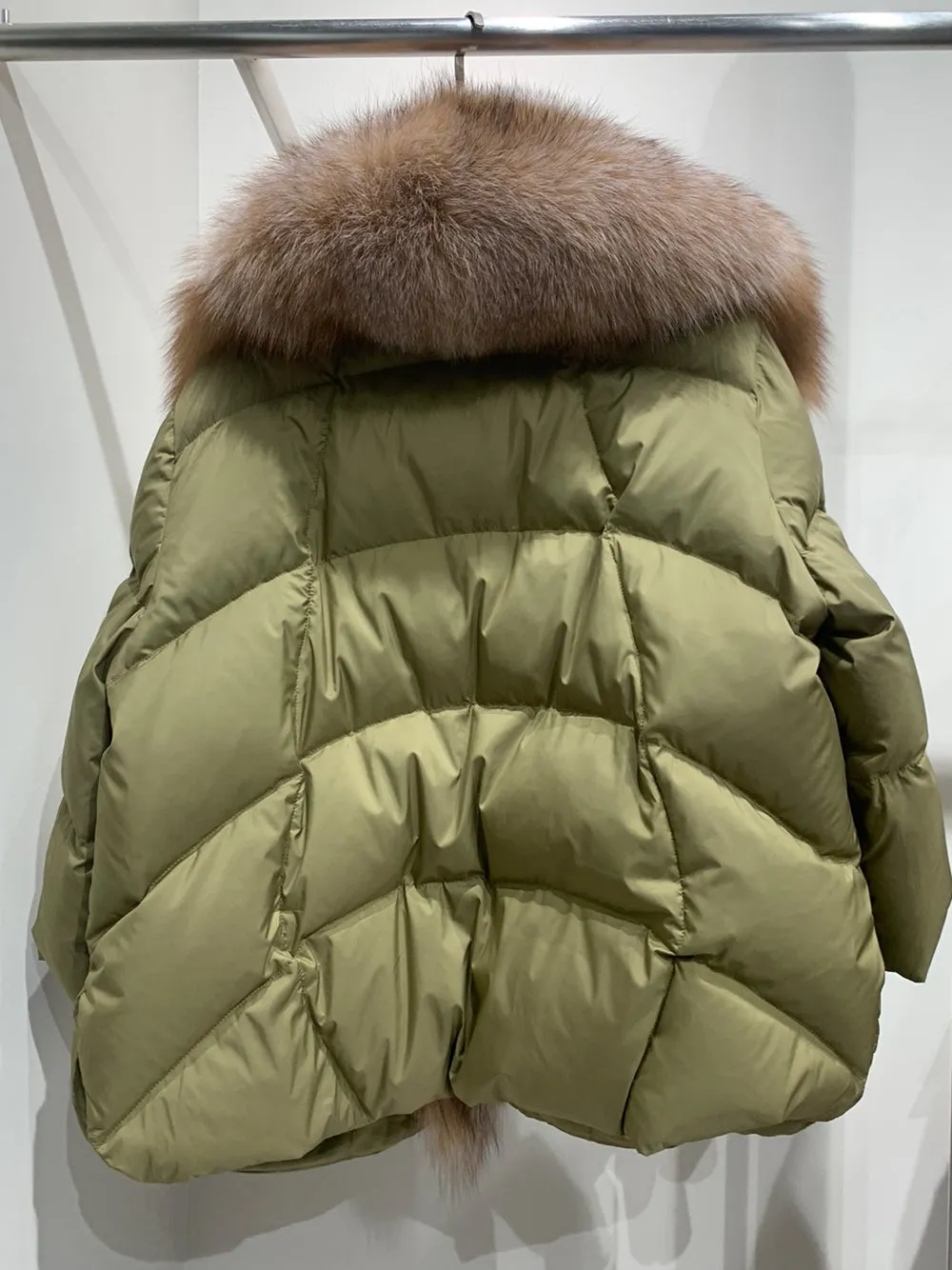 Fur Trim Puffer Jacket in Khaki & Brown