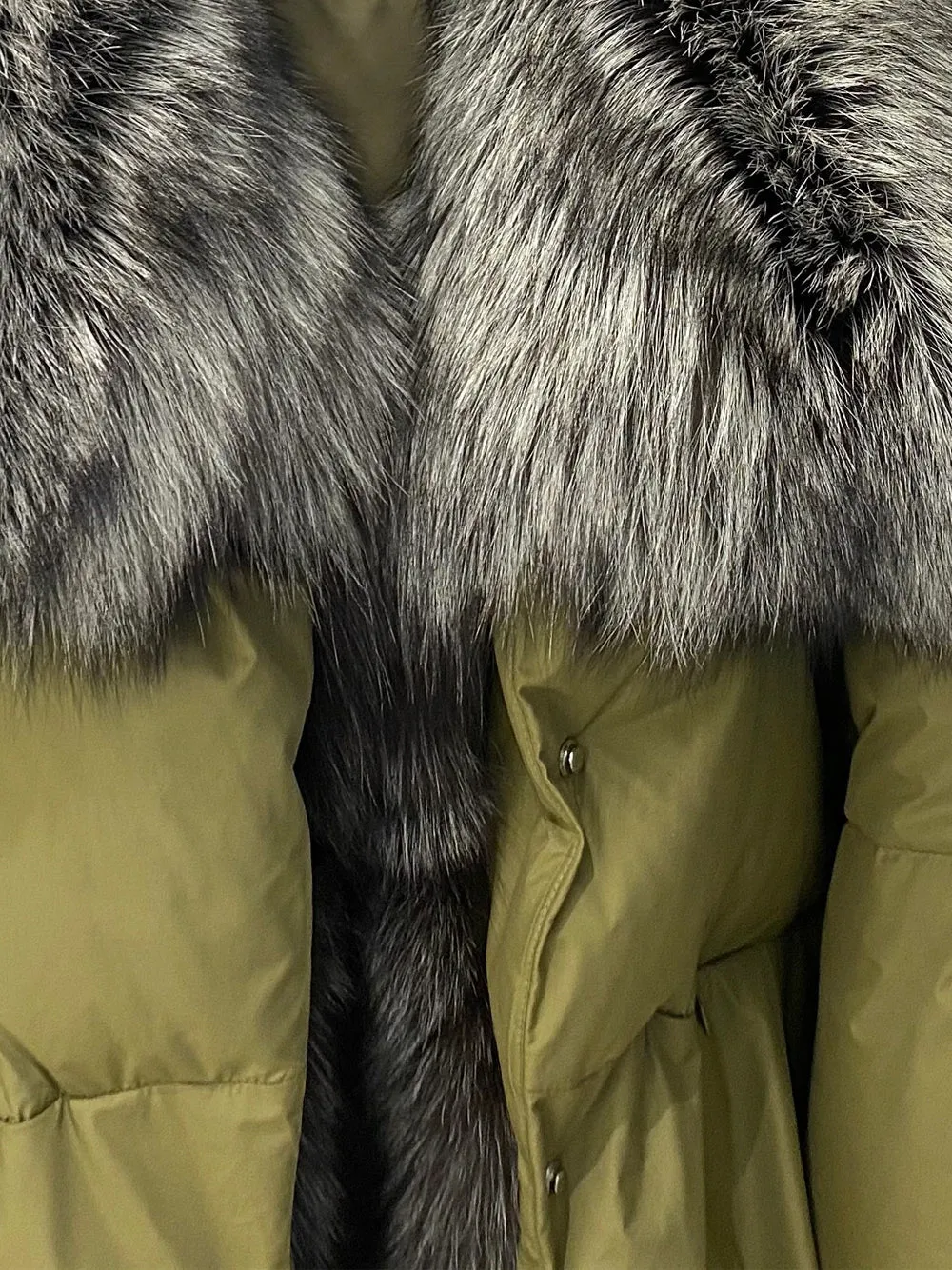 Fur Trim Puffer Jacket in Khaki & Gray