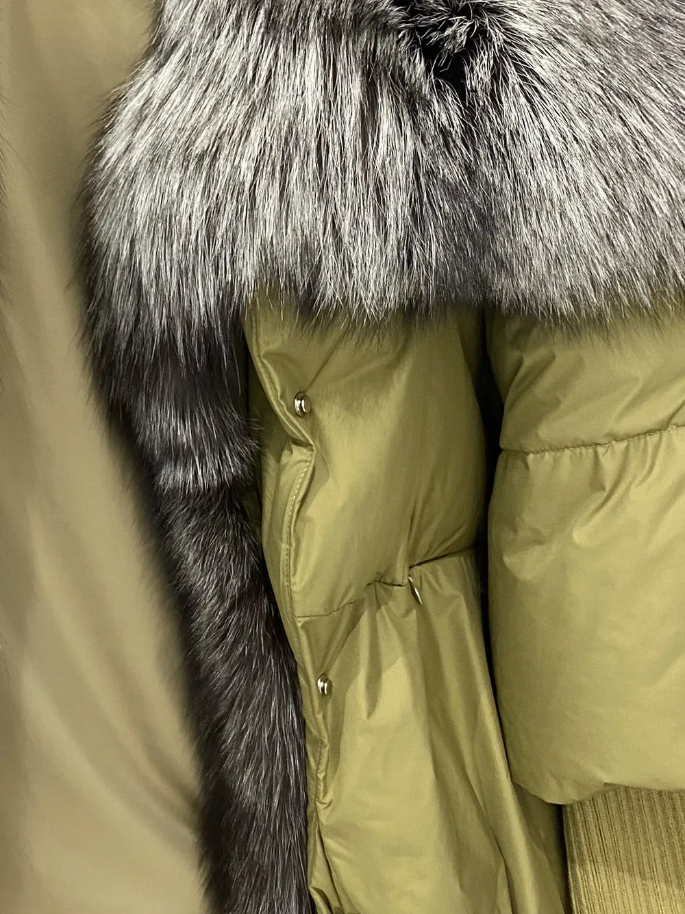 Fur Trim Puffer Jacket in Khaki & Gray