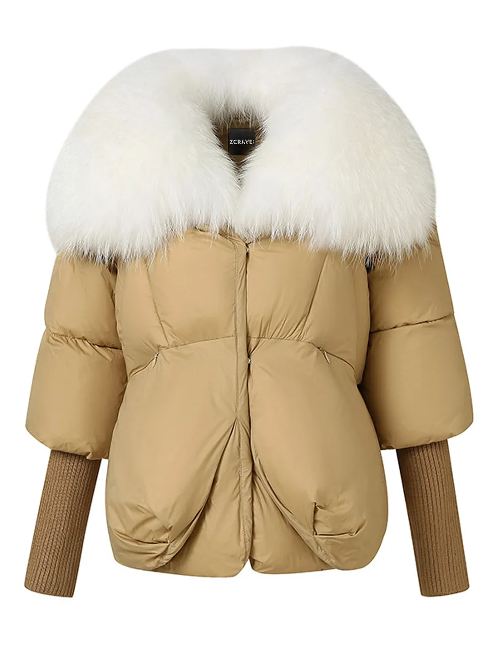 Fur Trim Puffer Jacket in Tan & White